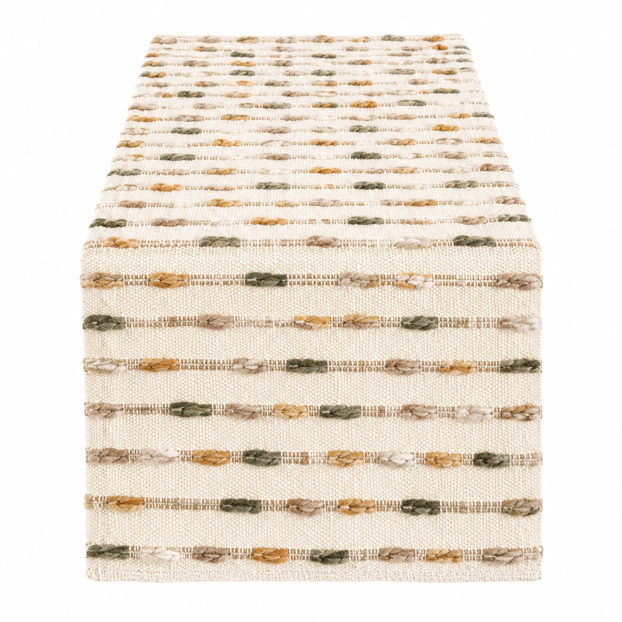 Chemin de Table Tissé Crème avec Motifs Tressés Verts et Jaunes-HOMEELARO