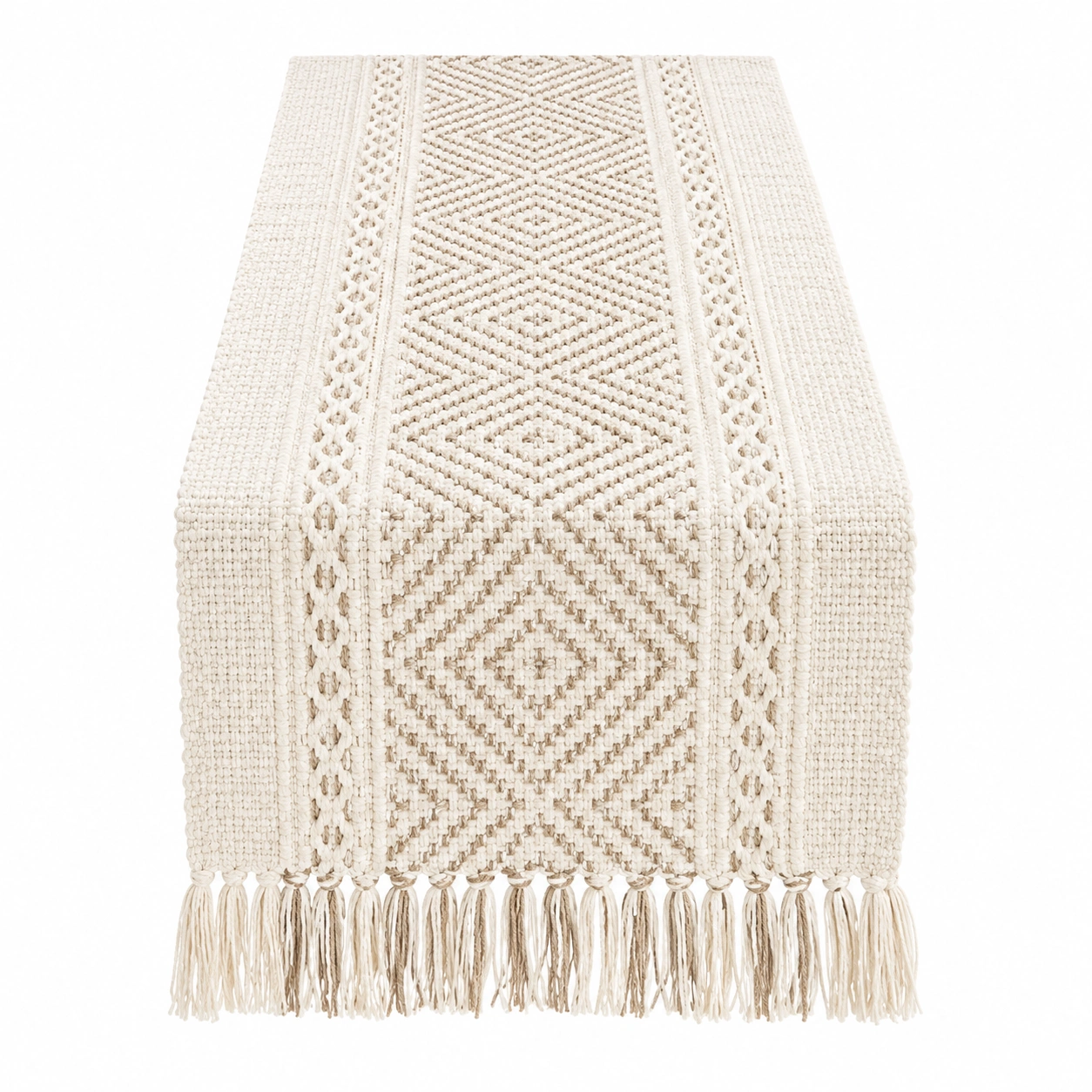 Chemin de Table Bohème Blanc et Beige avec Motifs Géométriques-HOMEELARO