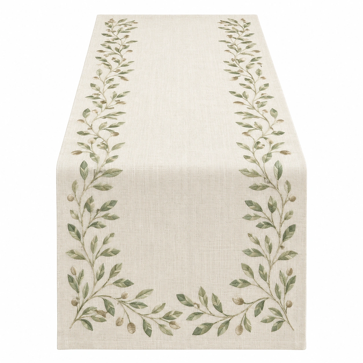 Chemin de Table Brodé Motif Olive 180x40cm Beige et Vert-HOMEELARO