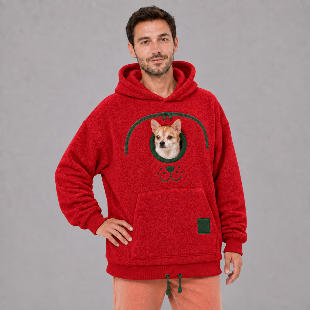 Red fleece pet bonding pouch hoodie