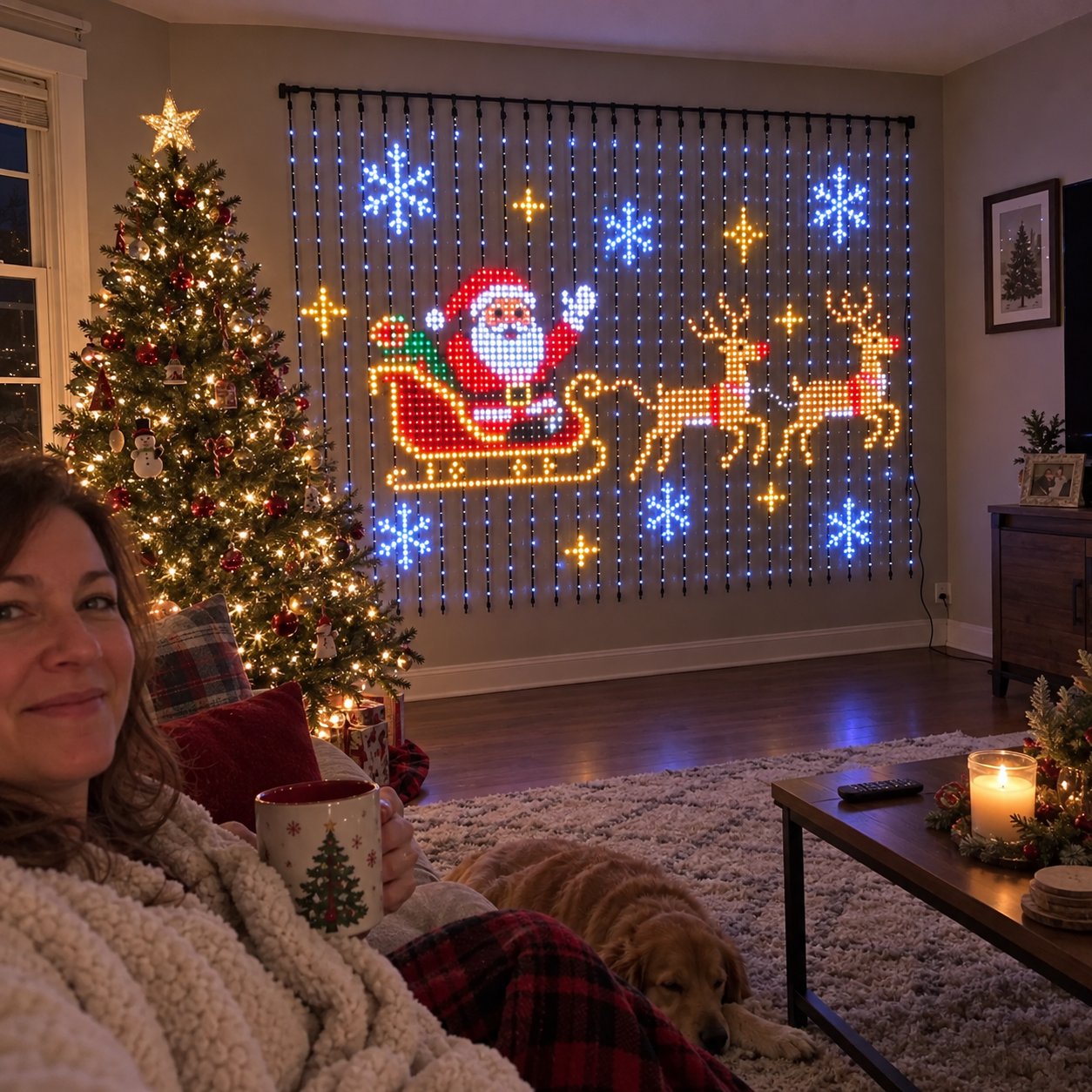 Santa and reindeer LED curtain beside a Christmas tree