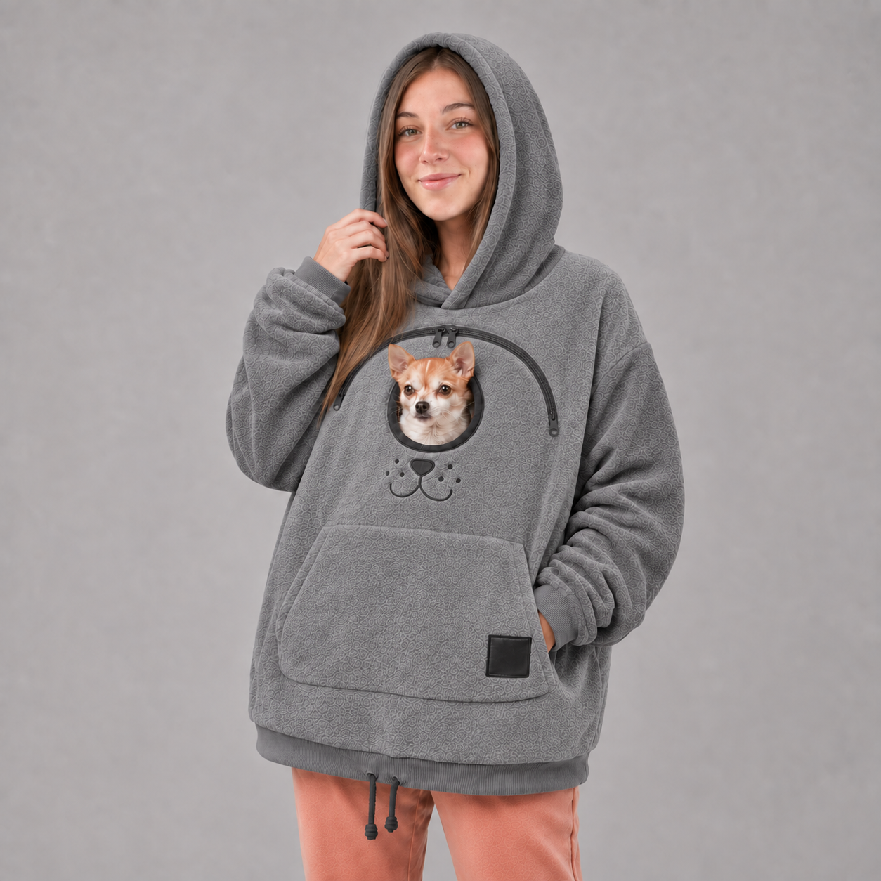 Grey fleece pet bonding pouch hoodie