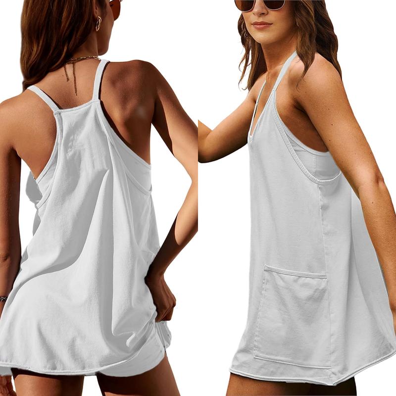 🔥2026 Hot Sale🔥Women's Athletic Sleeveless Mini Dress with Built-in Shorts V Neck Spaghetti Strap Short Tennis Dress with Pockets