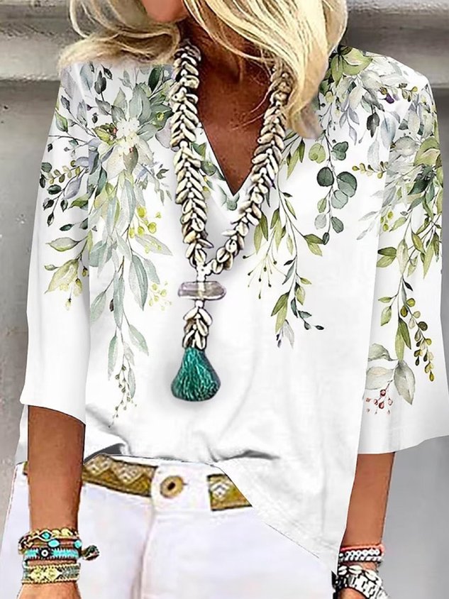Casual Loose Floral V Neck Shirt