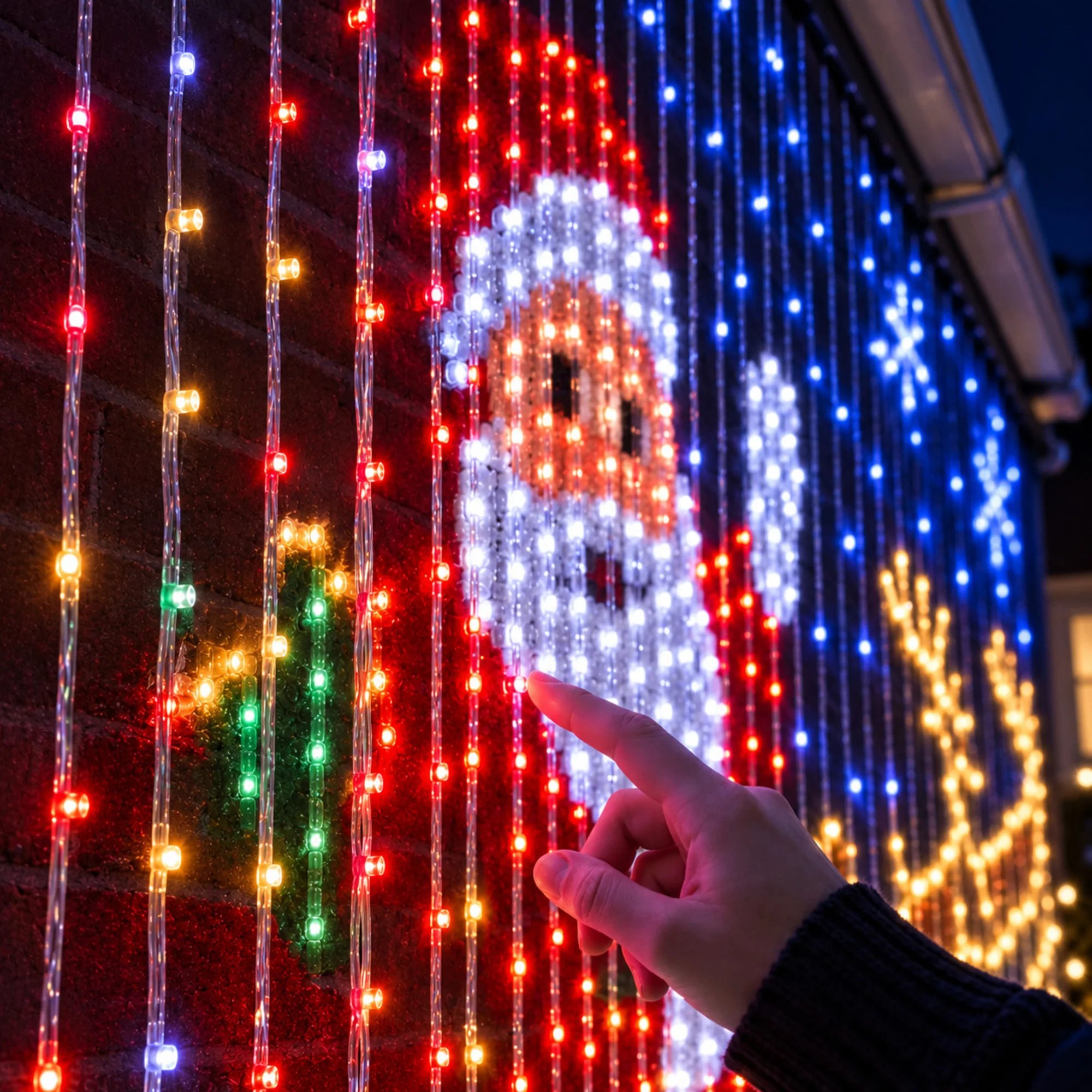 Close-up of colorful LED strands forming a Christmas scene