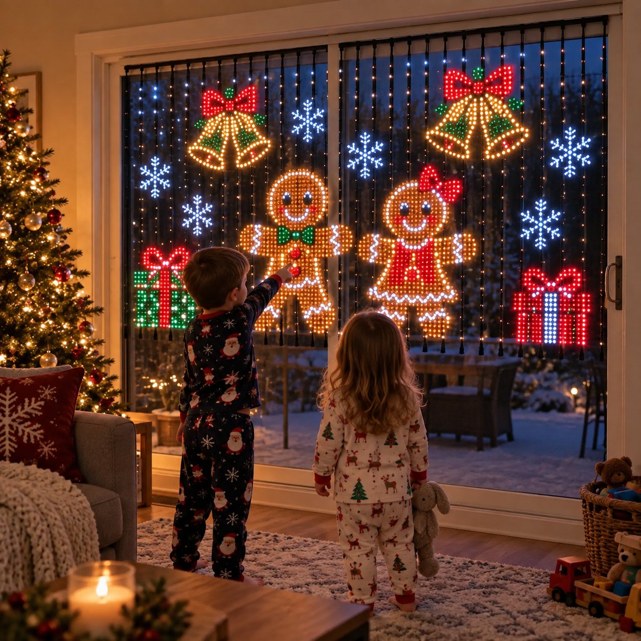 Children enjoying a gingerbread LED curtain scene