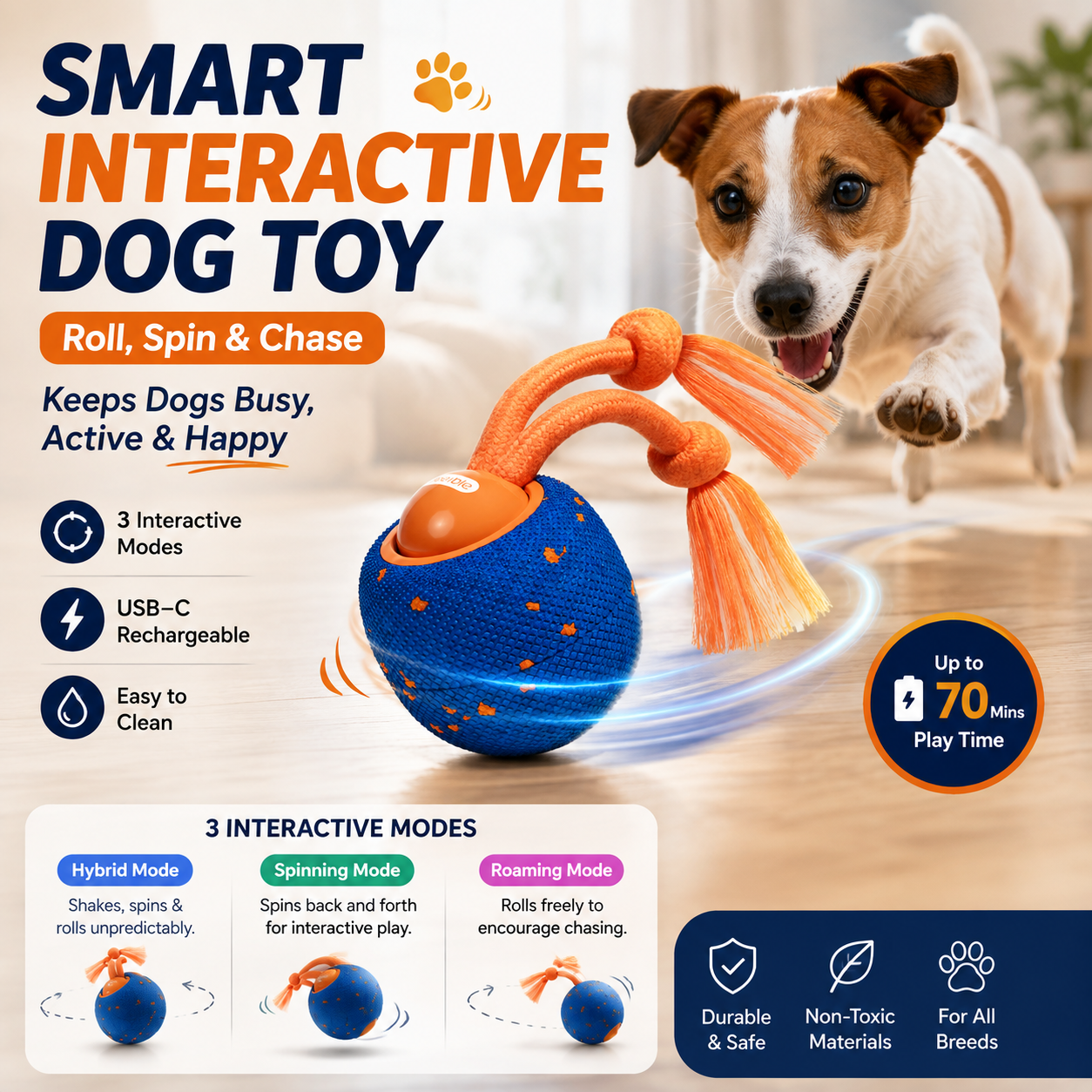 🔥LAST DAY 50% OFF 🔥 Smart Interactive Rolling Dog Toy – 3 Play Modes, Rechargeable & Self-Moving 🐶