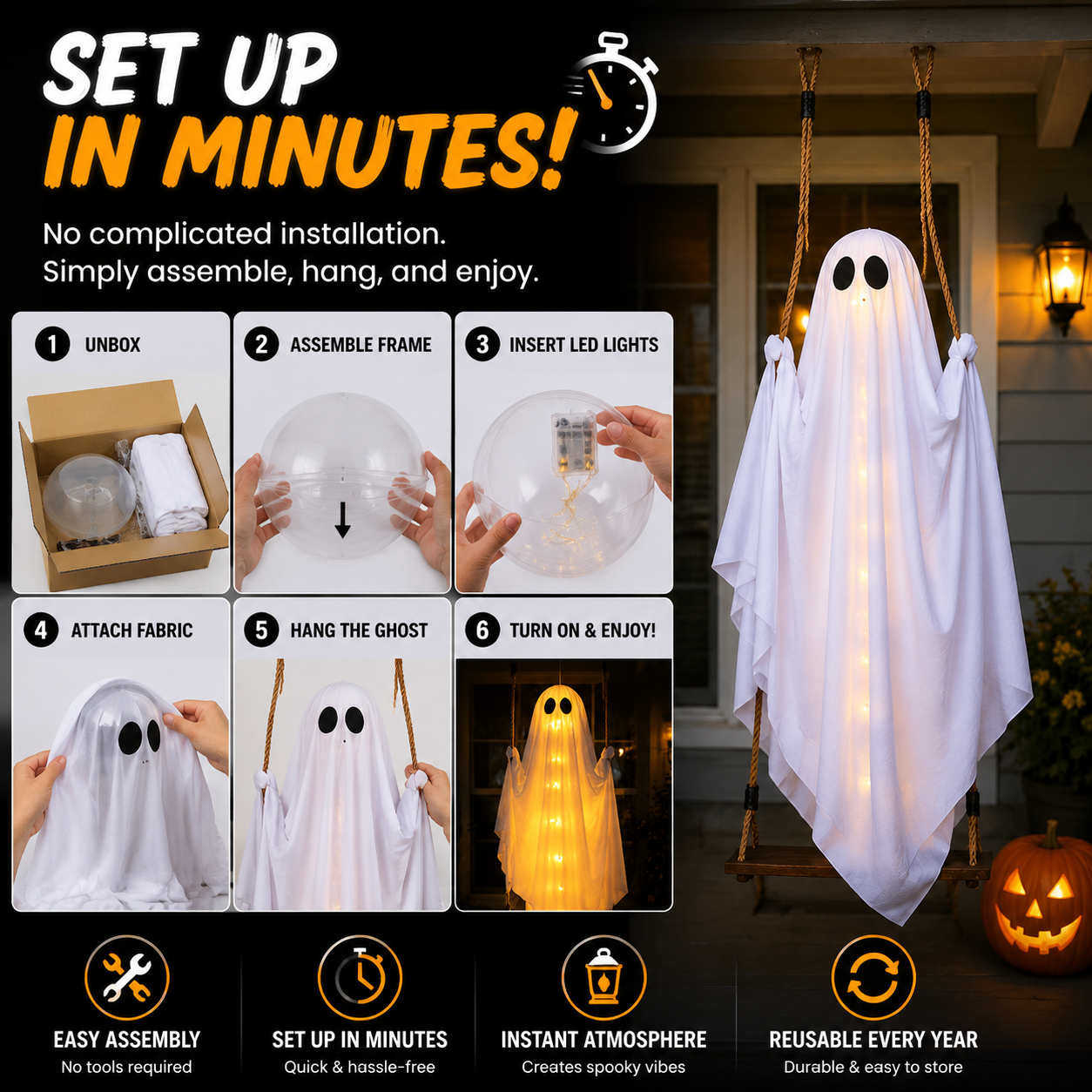 Swinging Ghost Halloween Decoration with LED Lights