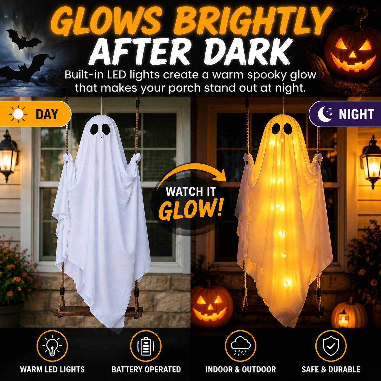 Swinging Ghost Halloween Decoration with LED Lights