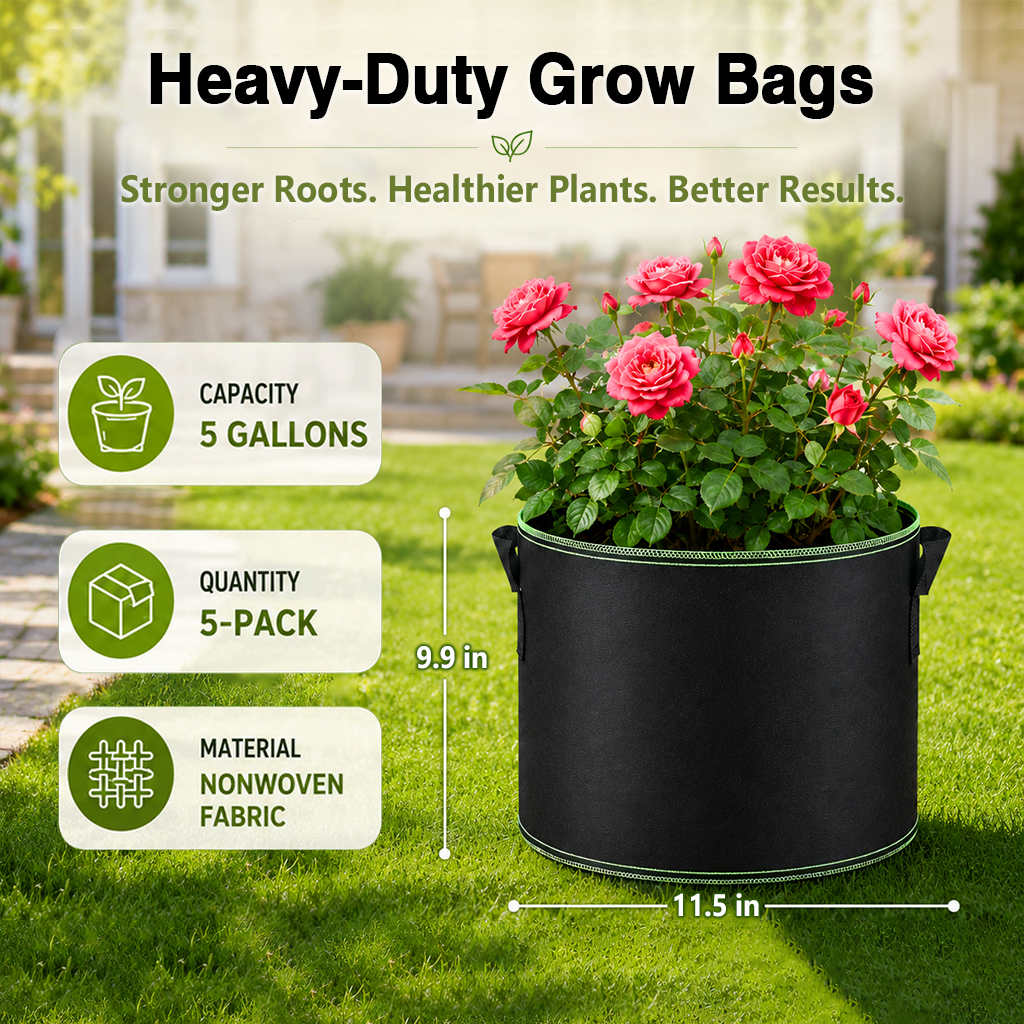 🌱 5-Pack 5 Gallon Grow Bags - Healthier Plants & Better Harvest 🍅