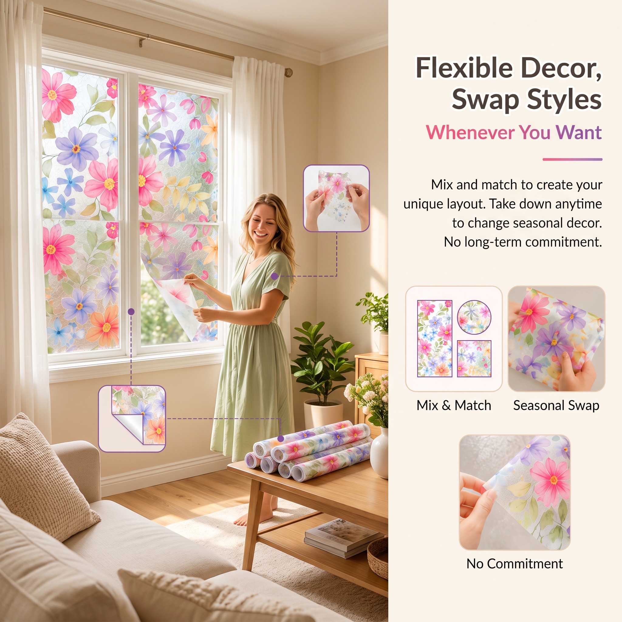 🌸Water-Activated Floral Static Window Clings🪟