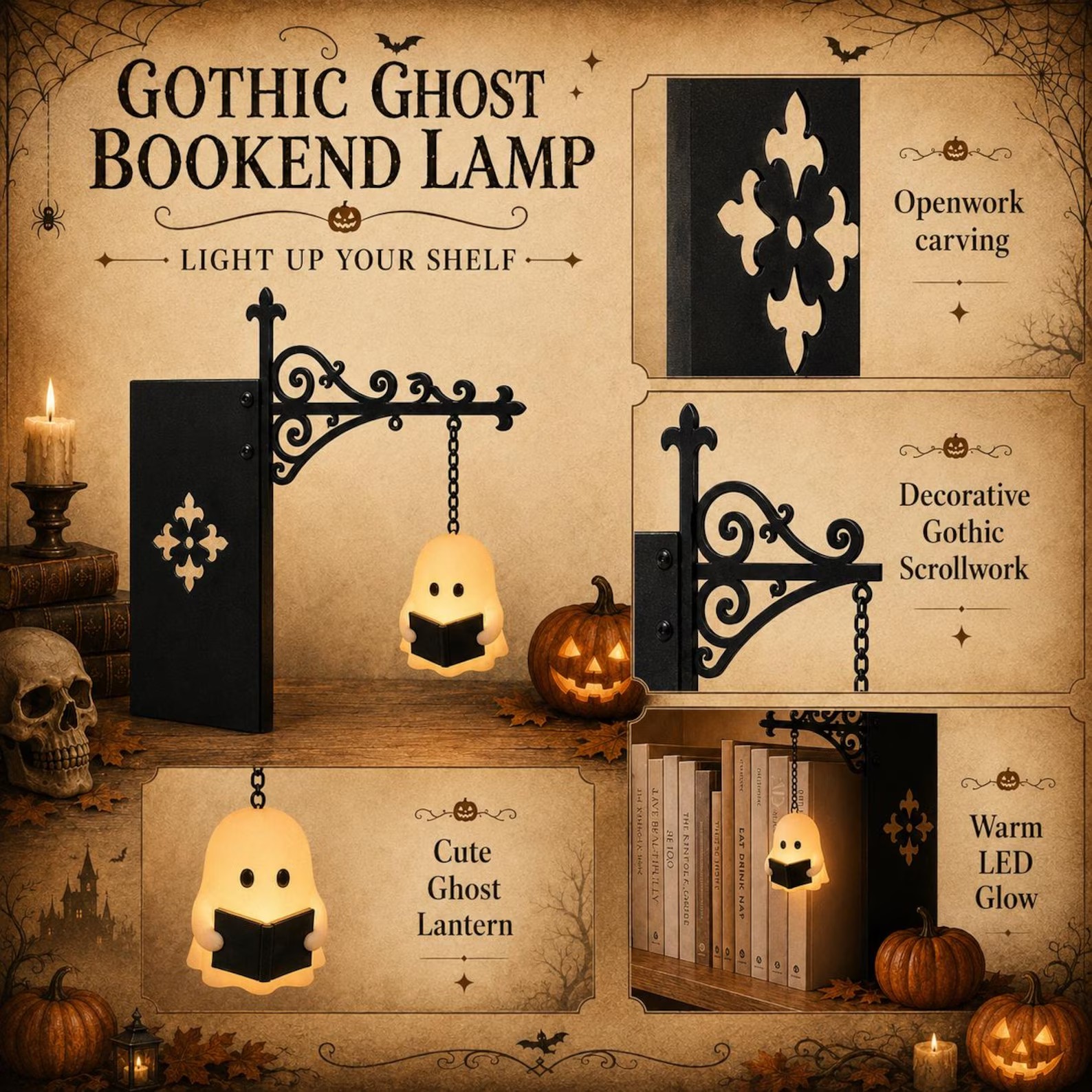 🕯️ Halloween Early Access 65% OFF – Vintage Gothic Bookend Lamp | Warm LED Shelf Light 📚👻