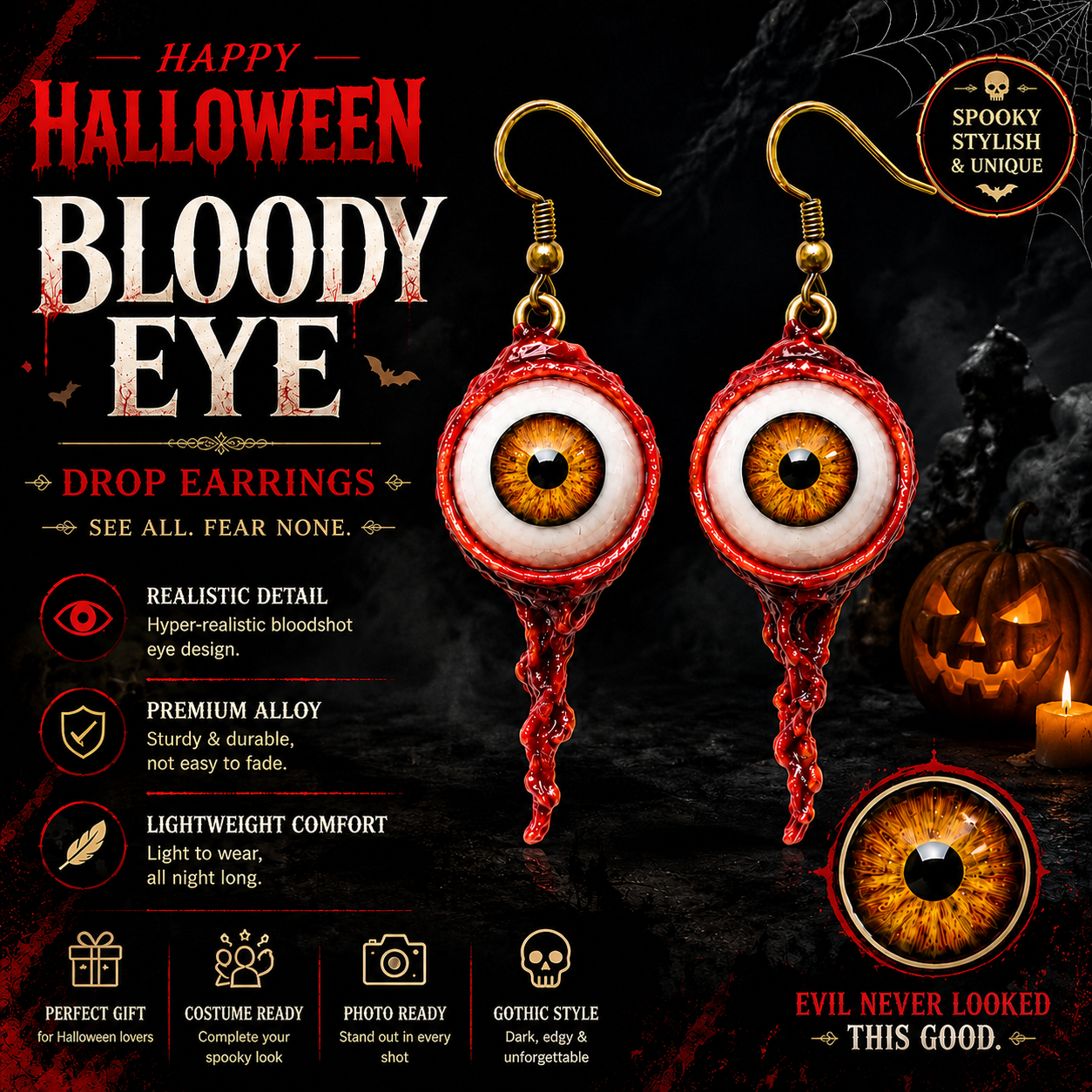 🔥 Halloween Deal 50% OFF |👁️ Creepy Eyeball Earrings – Gothic Resin Eye Dangles