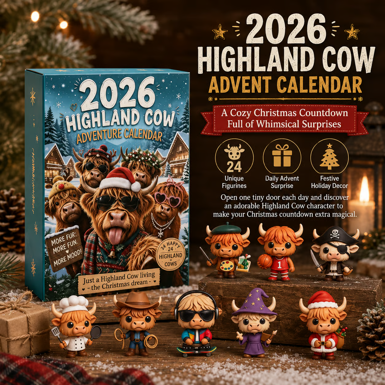 🎄 Early Bird 65% OFF – 2026 Highland Cow Advent Calendar | 24 Days of Christmas Surprises 🐮🎁
