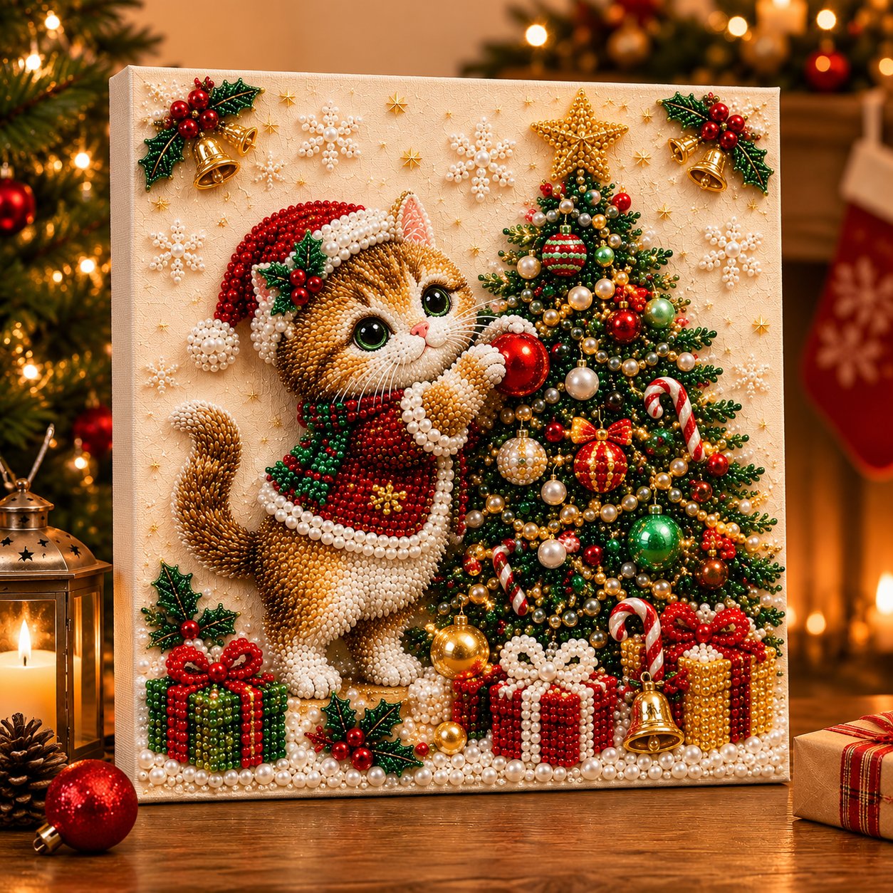 Christmas kitty pearl bead art image 9