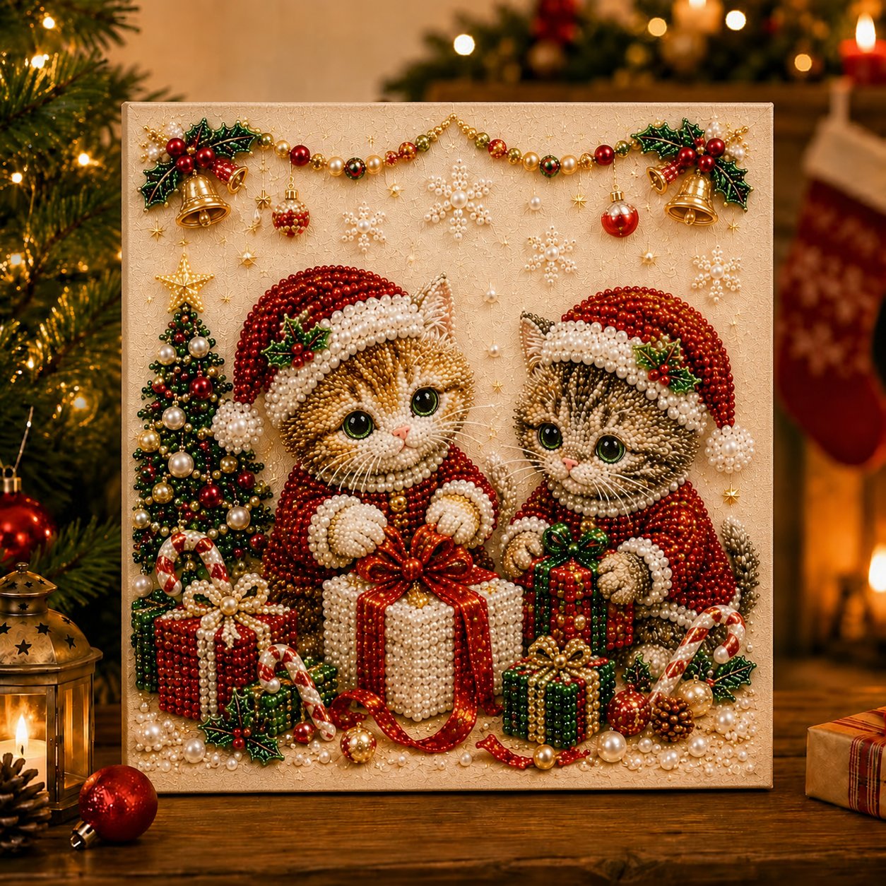 Christmas kitty pearl bead art image 12