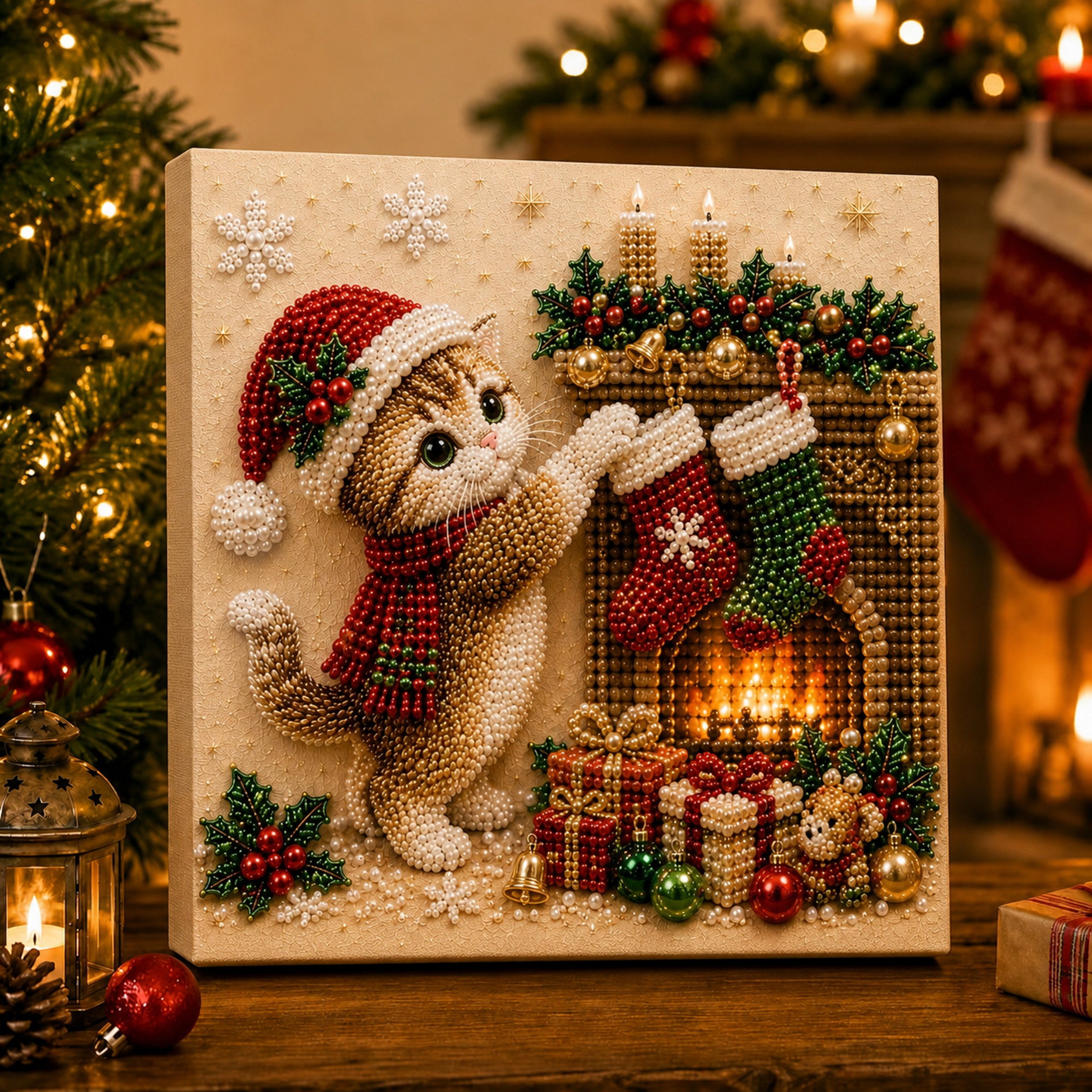 Christmas kitty pearl bead art image 14