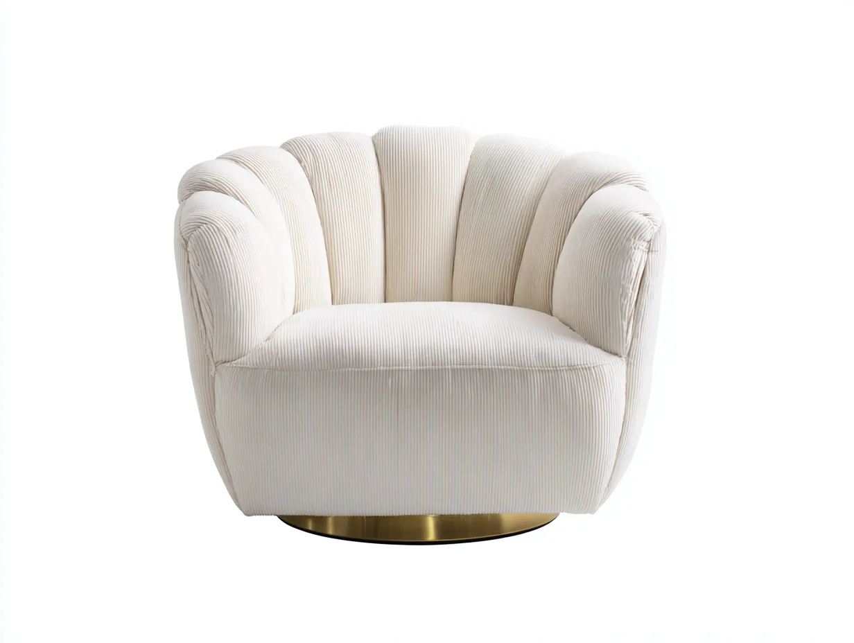 Sillón giratorio tapizado 96x90x77 cm - blanco marfil y dorado - respaldo curvo
