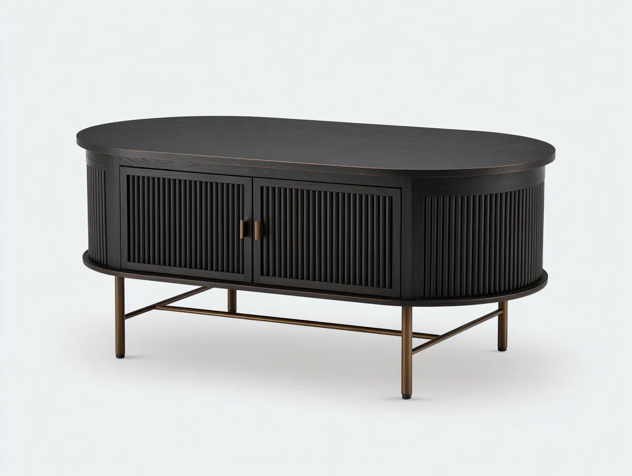 Mesa De Centro ovalada 118x54x50 cm - madera negra y metal dorado - 2 puertas para salón
