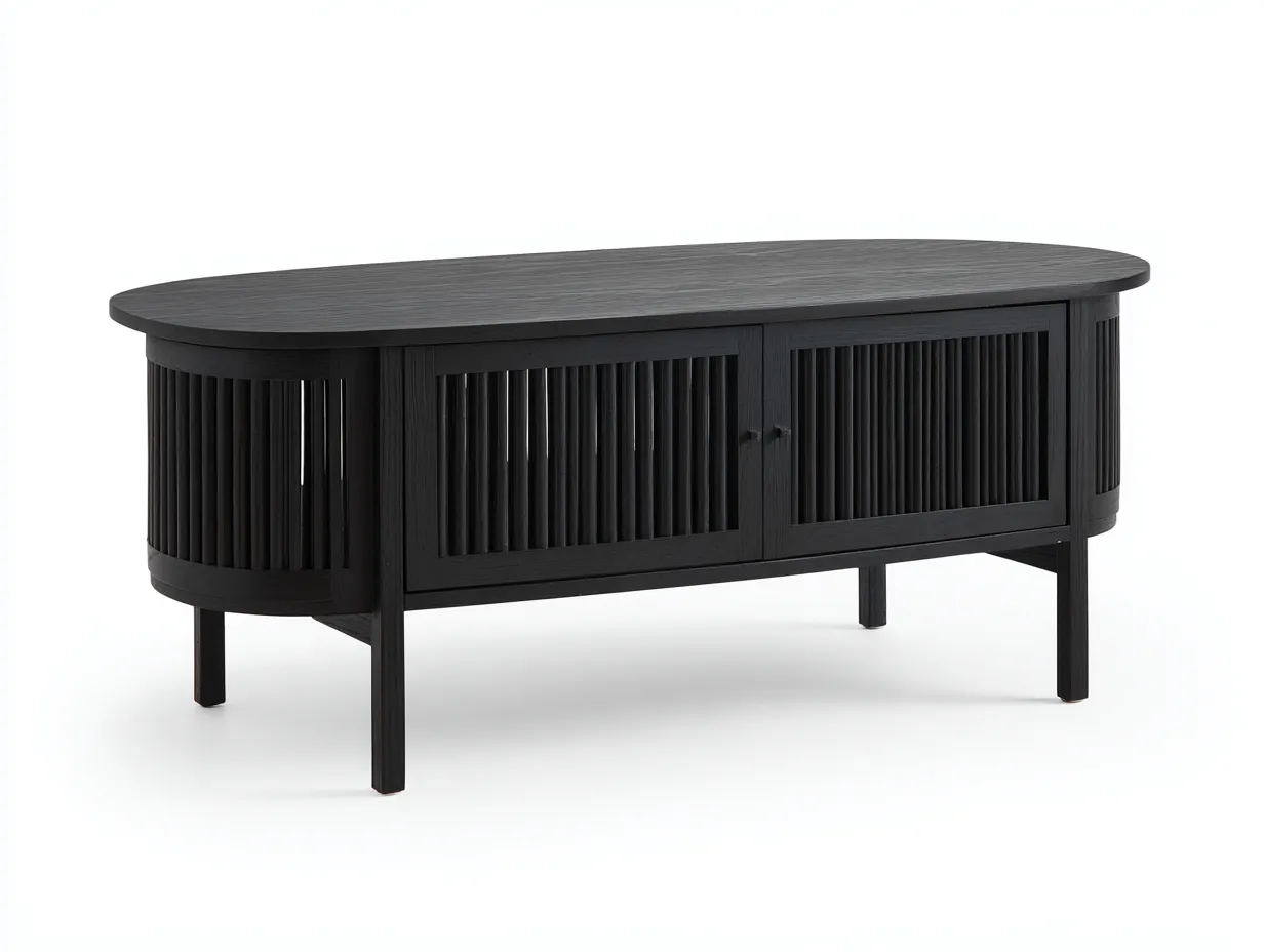 Mesa De Centro ovalada 120x55x48 cm - madera negra - puertas estriadas para salón