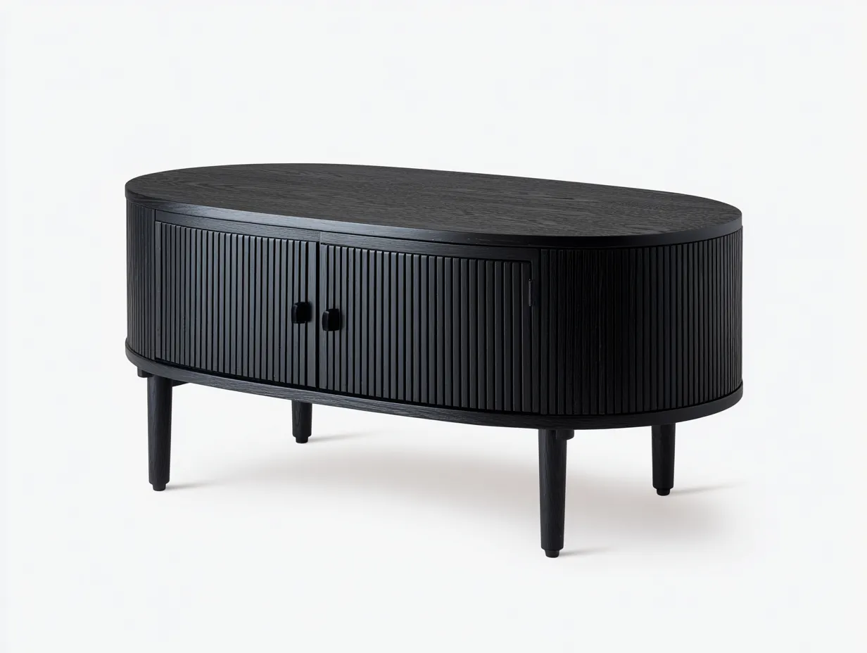 Mesa De Centro ovalada 116x52x46 cm - madera negra - diseño estriado con 2 puertas