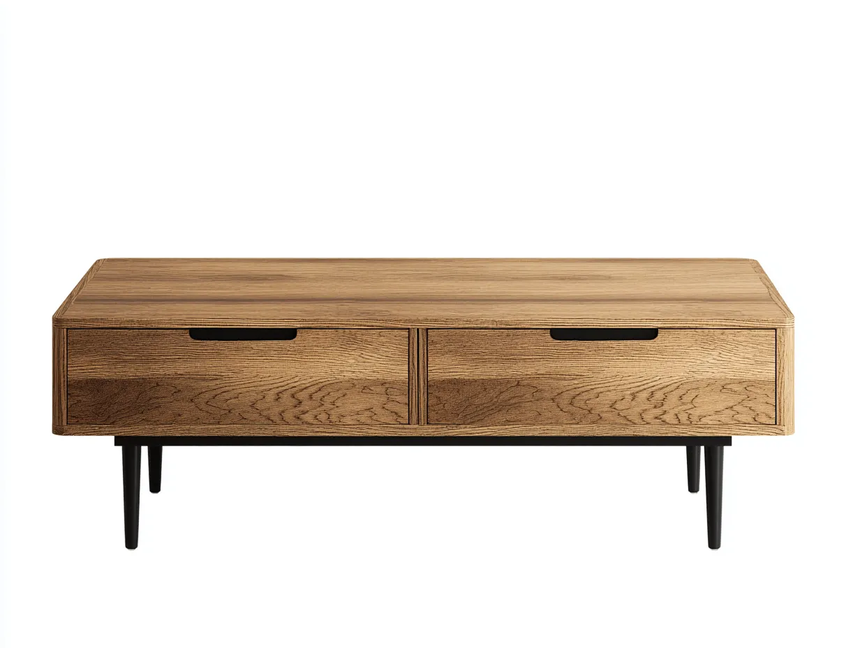 Mesa De Centro rectangular 110x55x42 cm - madera natural y patas negras - 2 cajones para salón