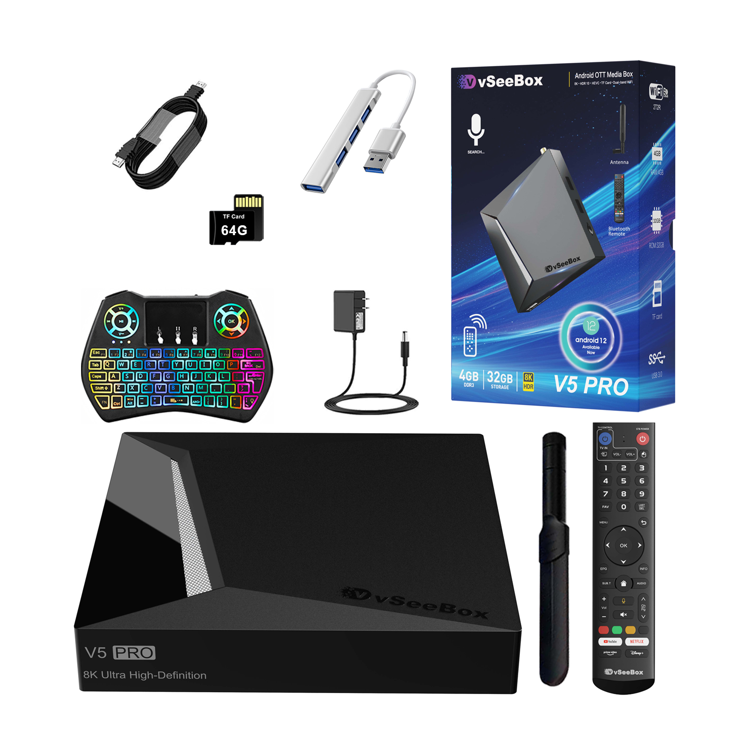 vSeeBox V5 Pro with Extra Parts(Backlit Keyboard, USB Hub, 64G TF Cards..)