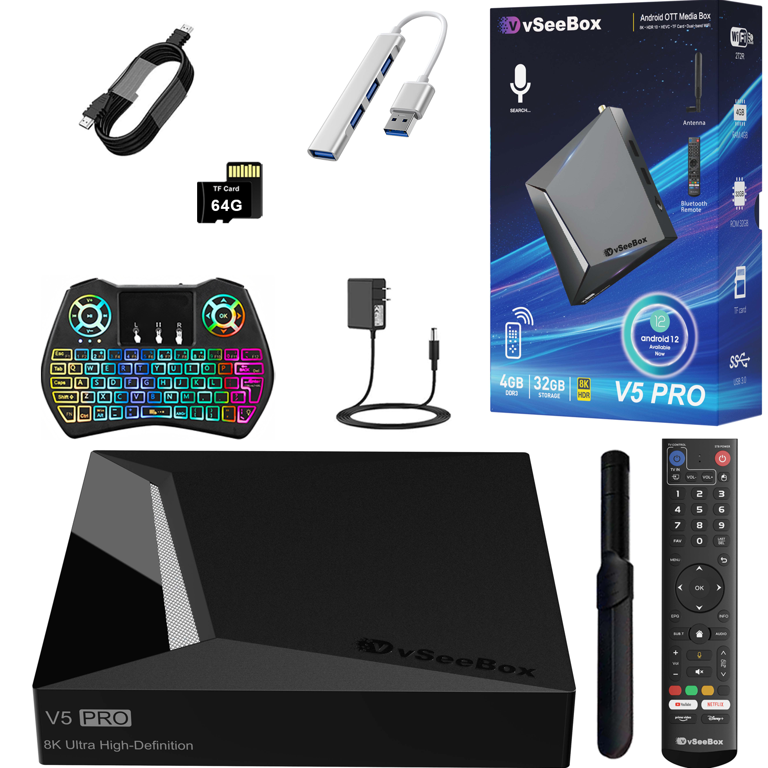 vSeeBox V5 Pro with Extra Parts(Backlit Keyboard, USB Hub, 64G TF Cards..)