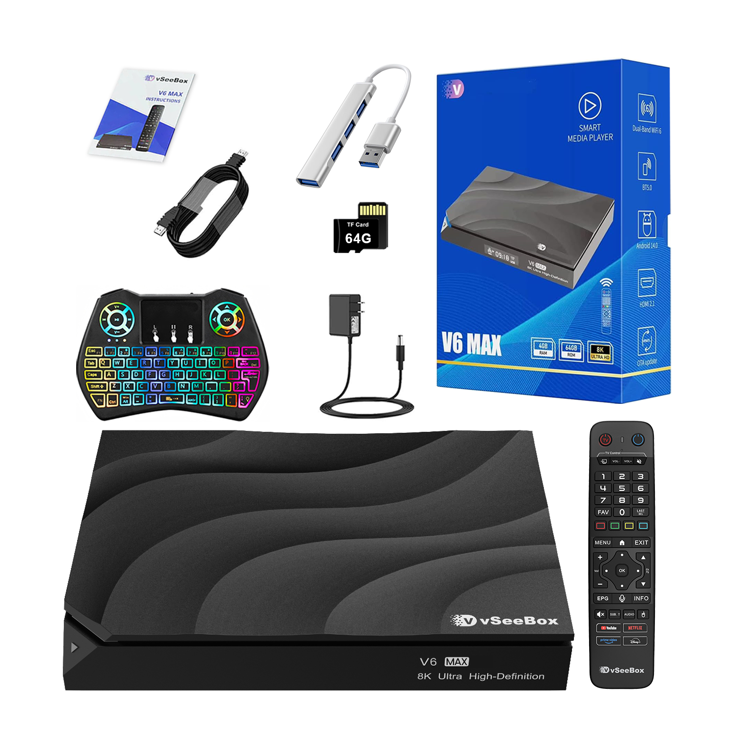 vSeeBox V6 Max with Extra Parts(Backlit Keyboard, USB Hub, 64G TF Cards..)
