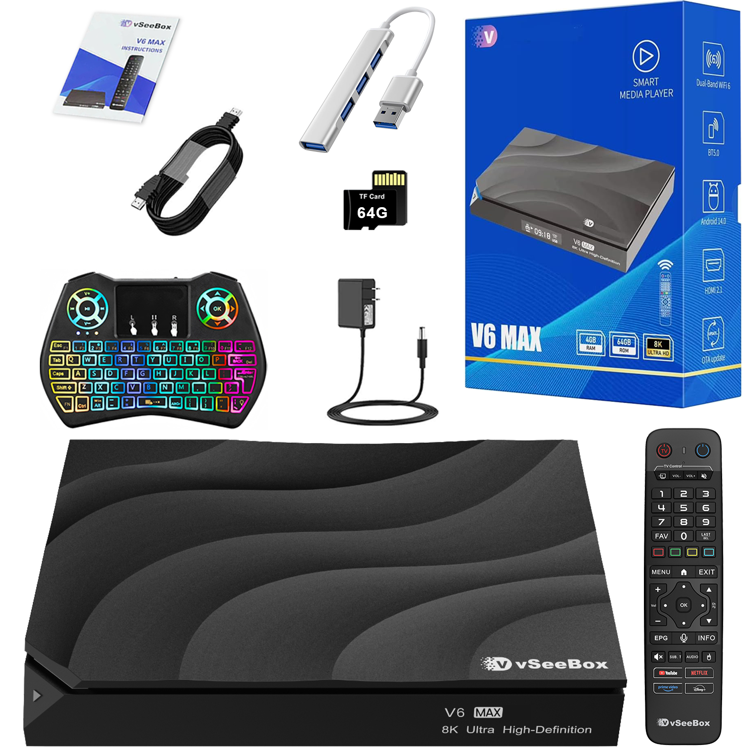 vSeeBox V6 Max with Extra Parts(Backlit Keyboard, USB Hub, 64G TF Cards..)