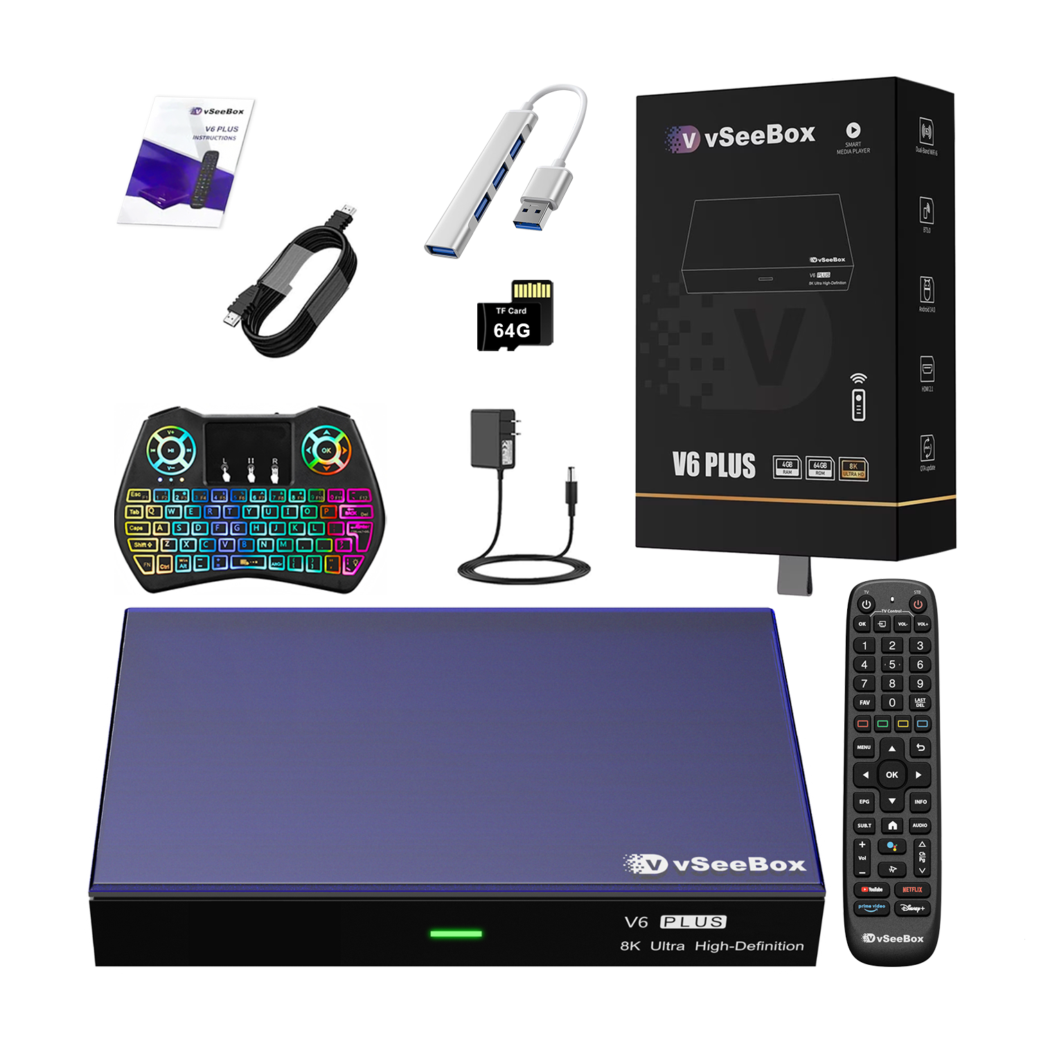 vSeeBox V6 Plus with Extra Parts(Backlit Keyboard, USB Hub, 64G TF Cards..)