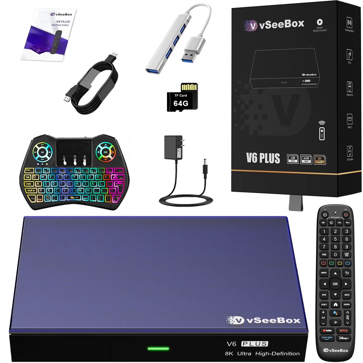 vSeeBox V6 Plus with Extra Parts(Backlit Keyboard, USB Hub, 64G TF Cards..)