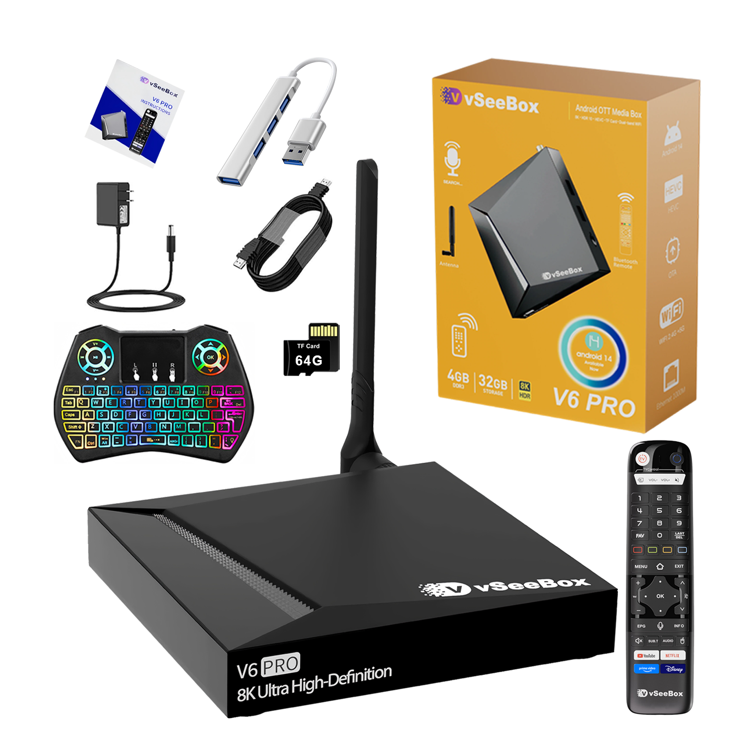 vSeeBox V6 Pro with Extra Parts(Backlit Keyboard, USB Hub, 64G TF Cards..)