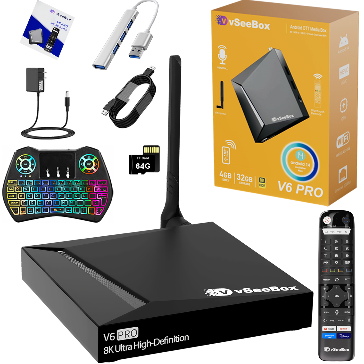 vSeeBox V6 Pro with Extra Parts(Backlit Keyboard, USB Hub, 64G TF Cards..)