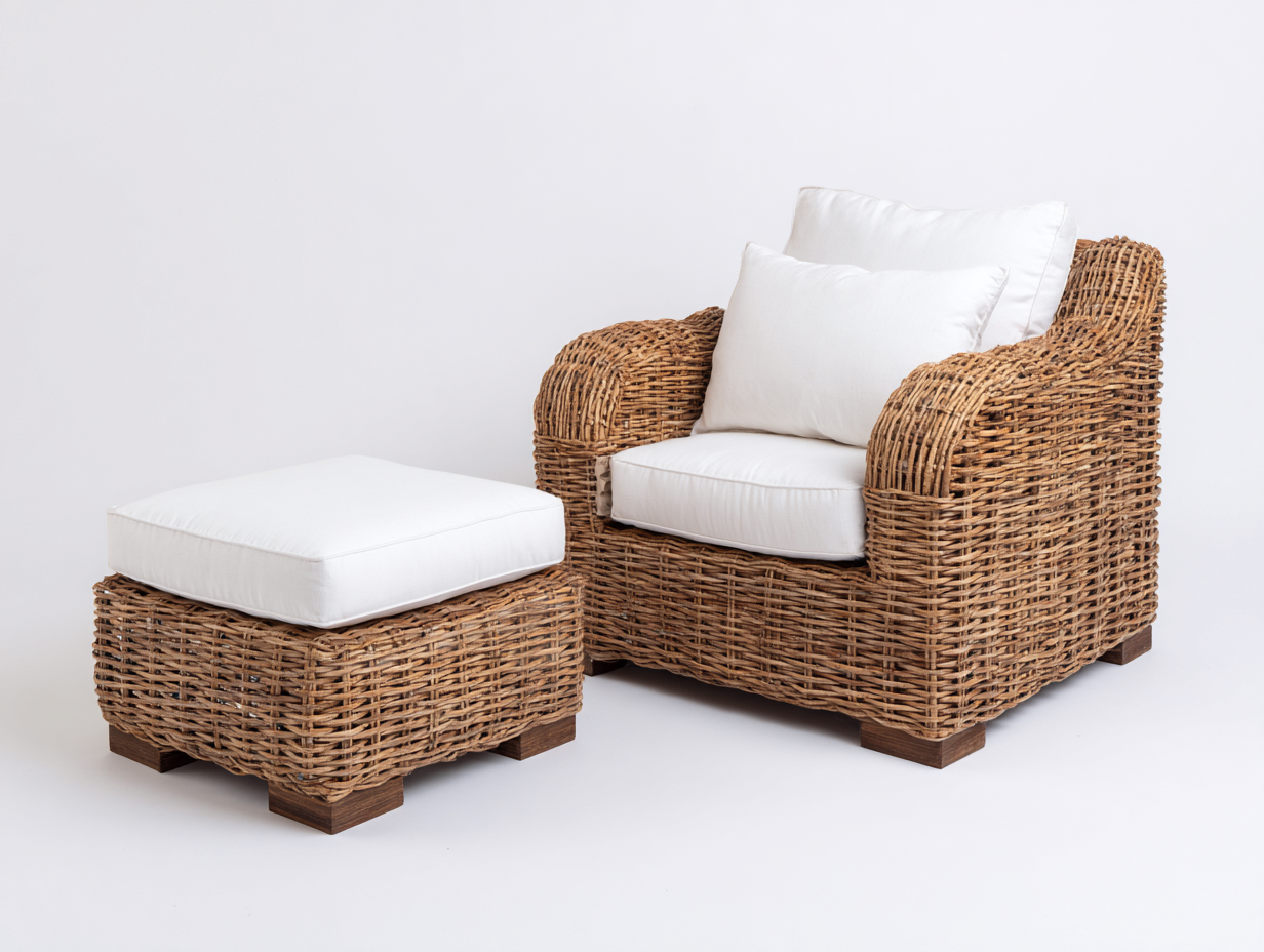 Polyrattan Gartensessel-Polyrattan-Holz-92x88x84 cm-Naturbraun-Weiß-Landhausstil-Sadorlanest