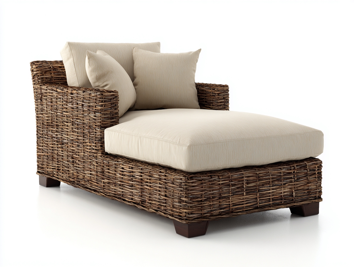 Sonnenliege - Rattan-Holz-Textil - 158x98x72 cm - Dunkelbraun-Cremeweiß - Natürlicher Wohnstil-Sadorlanest