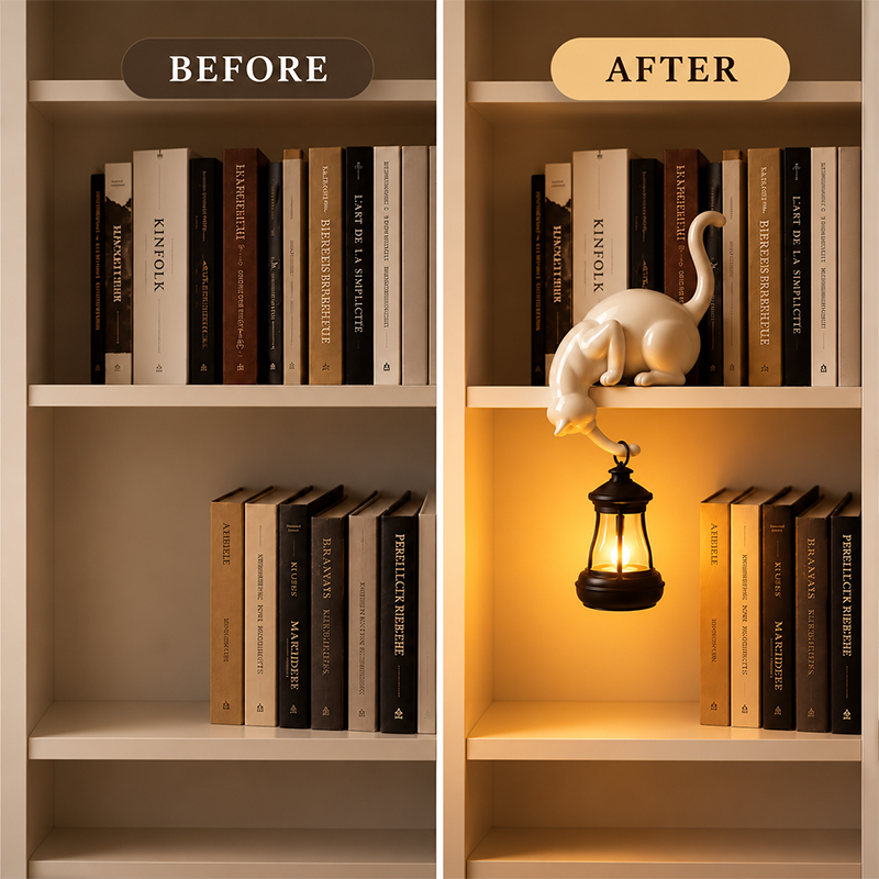 🔥 60% OFF – Shelf-Edge Cat Lantern – Cozy Bookshelf Glow 🐈🏮