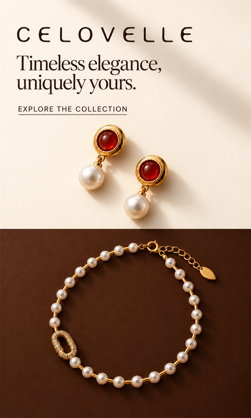 CELOVELLE pearl necklace and red pearl earrings