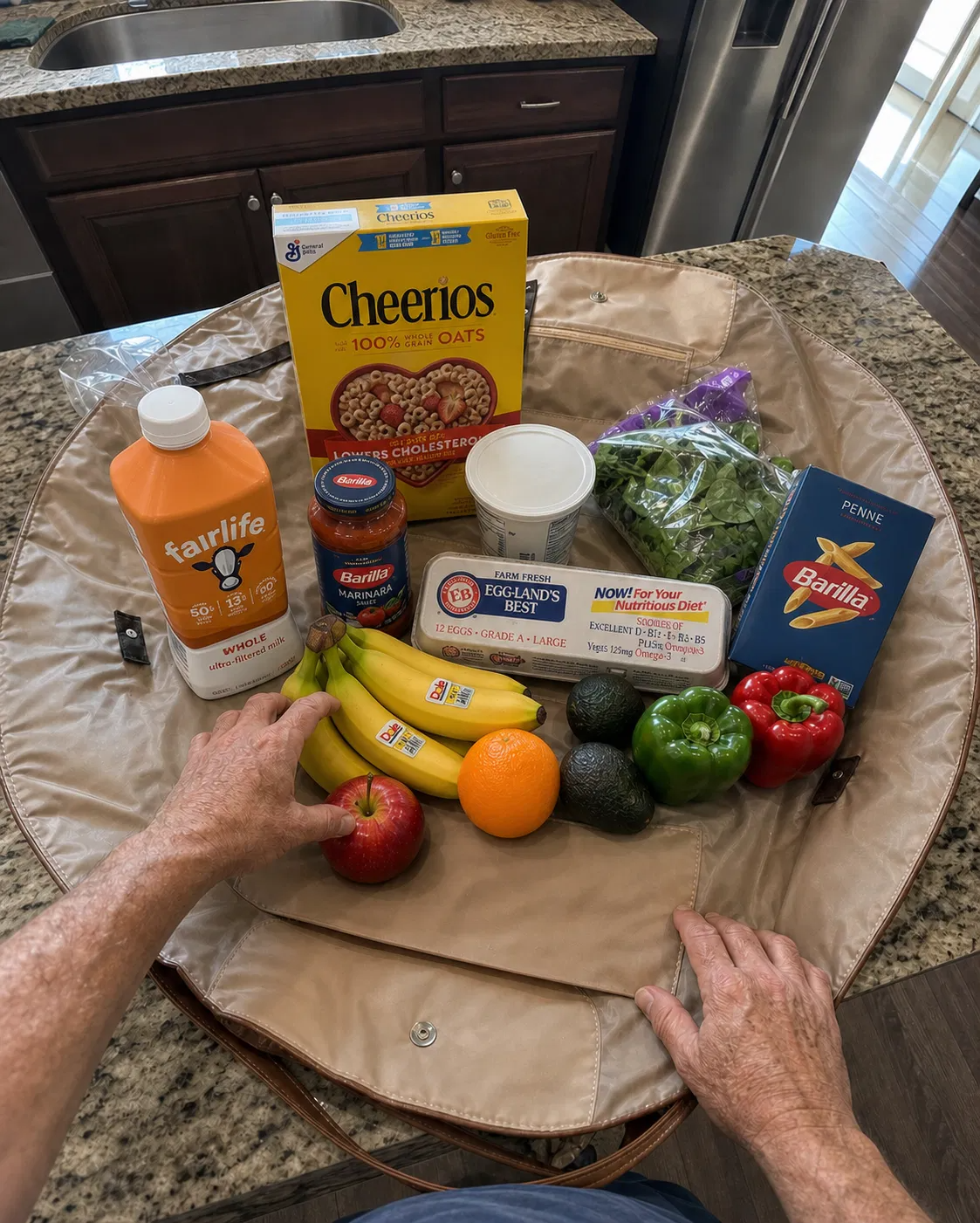 Customer photo of groceries arranged on the fully opened tote on a kitchen counter