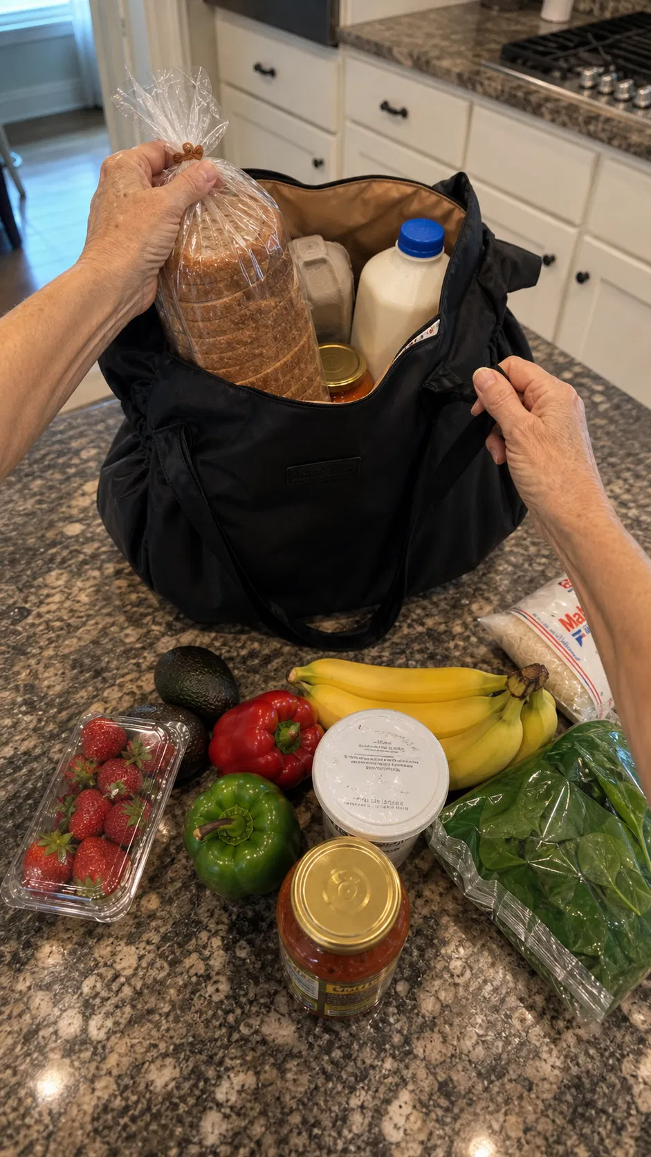 Customer unpacking bread, milk and eggs from the Black tote at home