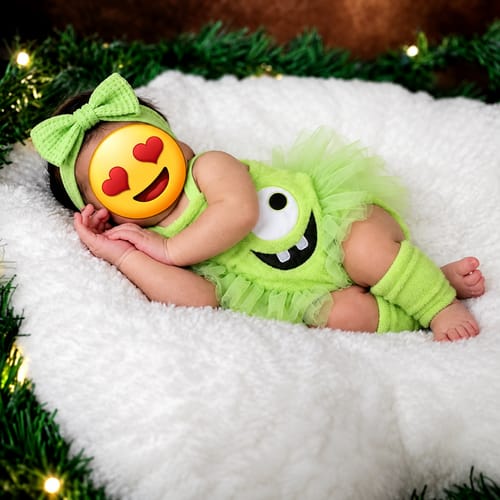 Green Monster outfit styled on a cozy blanket
