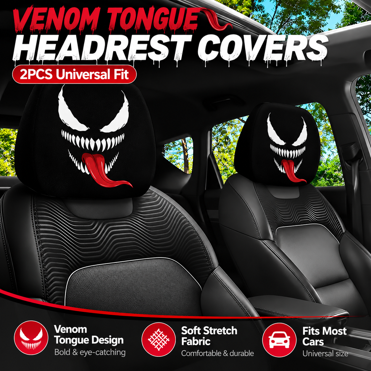 VENOM TONGUE funny cartoon car headrest cover style