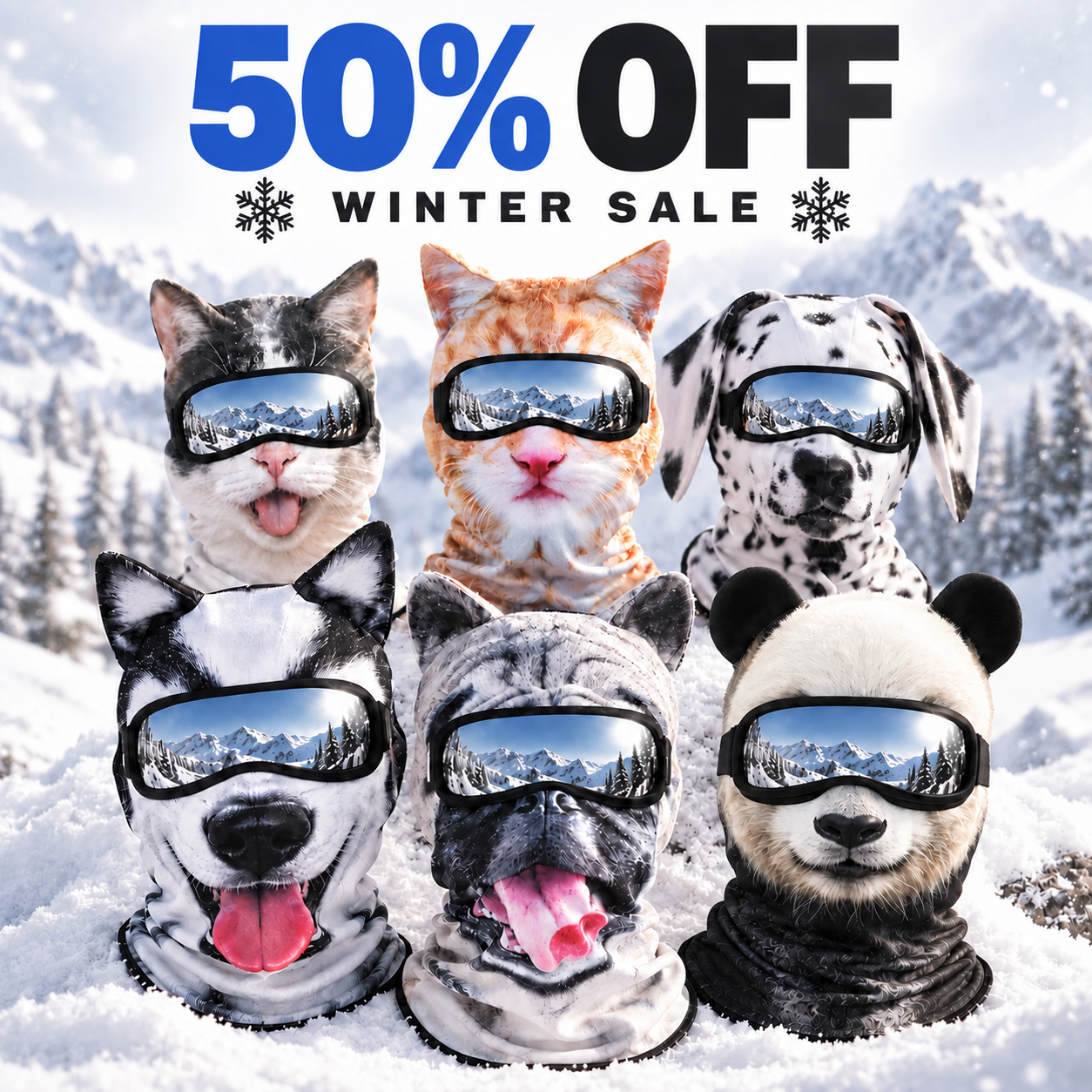 Animal face balaclava worn with ski goggles and helmet
