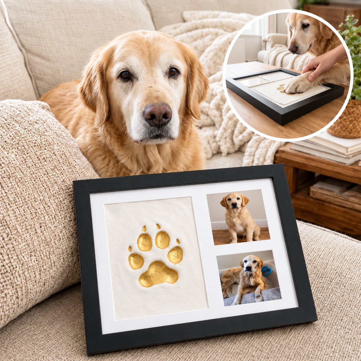 Golden retriever beside a black keepsake frame displaying a gold paw impression and two pet photos