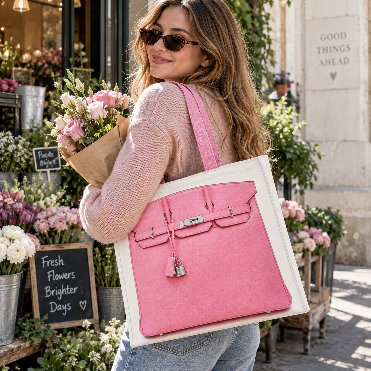 Pink printed tote carried during an everyday outing