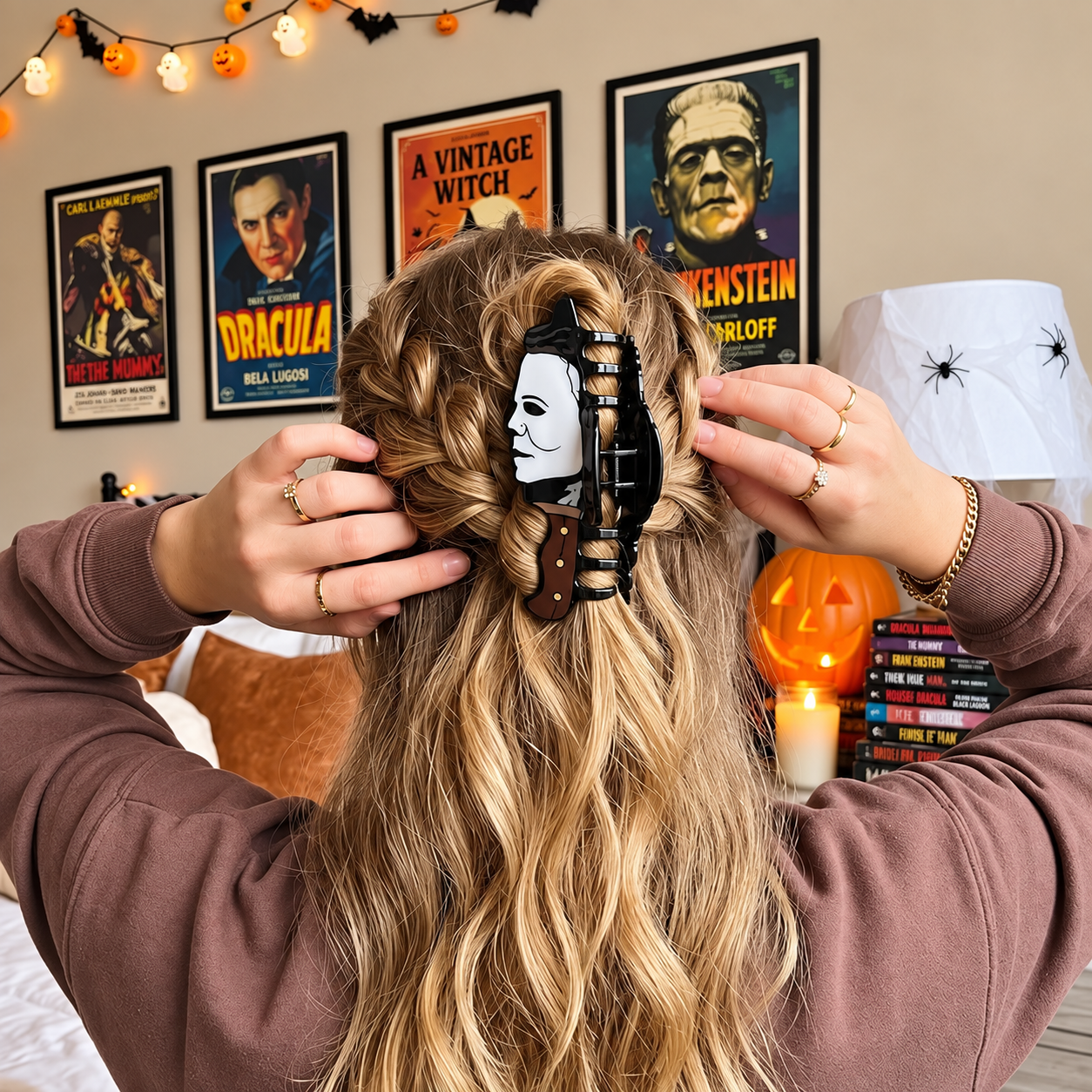 Michael Myers horror-inspired claw clip holding a full hairstyle
