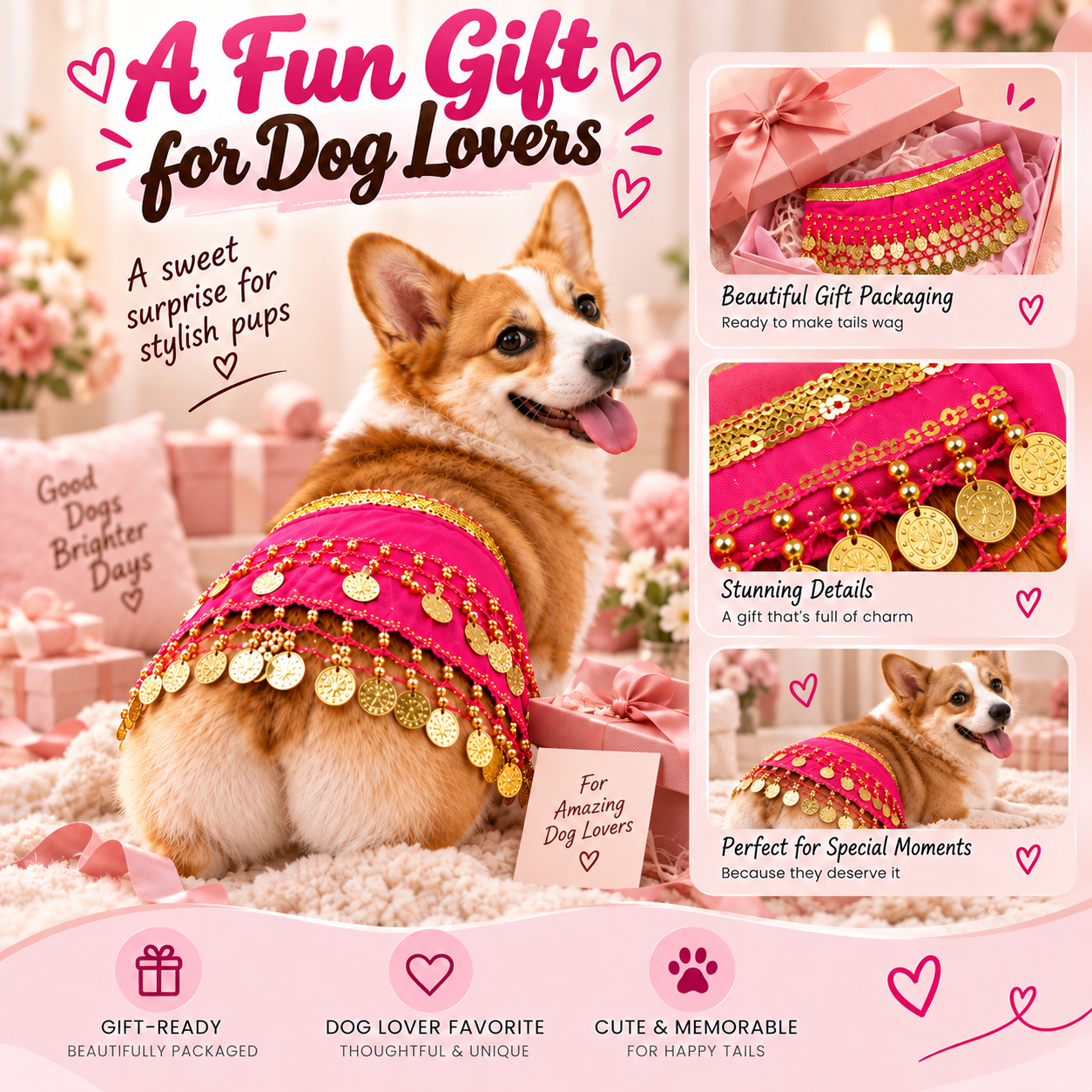 Corgi wearing the Pink jingle belly dance skirt in a gift-themed setting