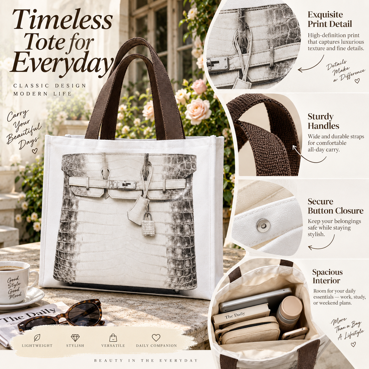 Printed tote bag details including handles, closure and interior