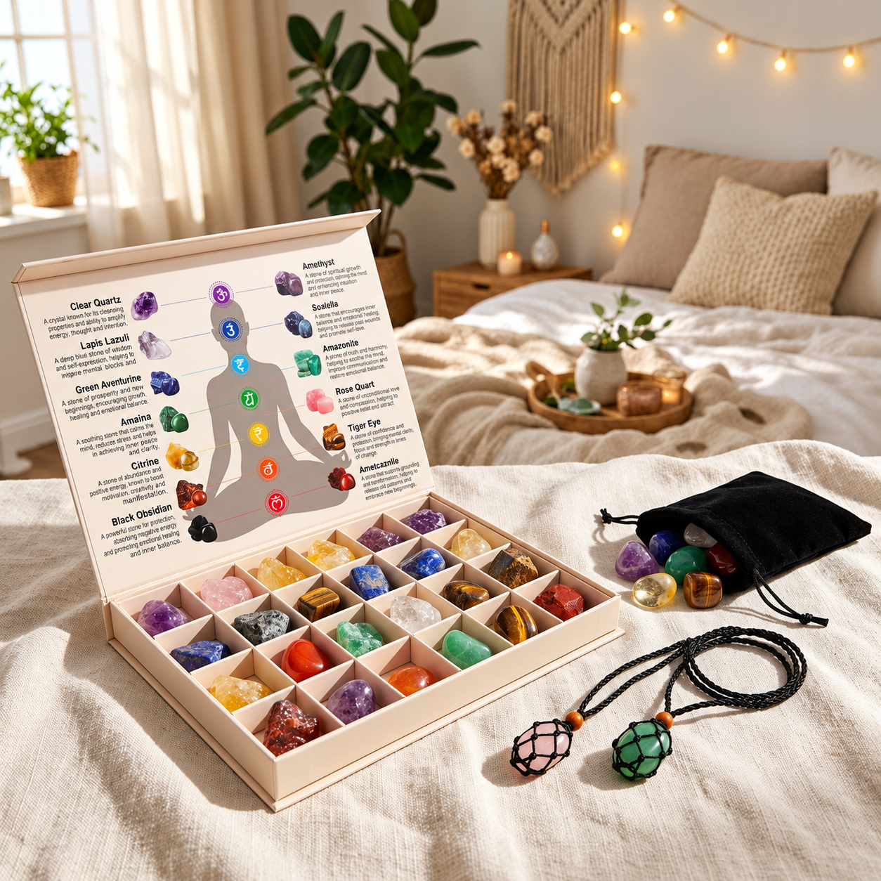 Open crystal Advent calendar arranged in a peaceful bedroom setting