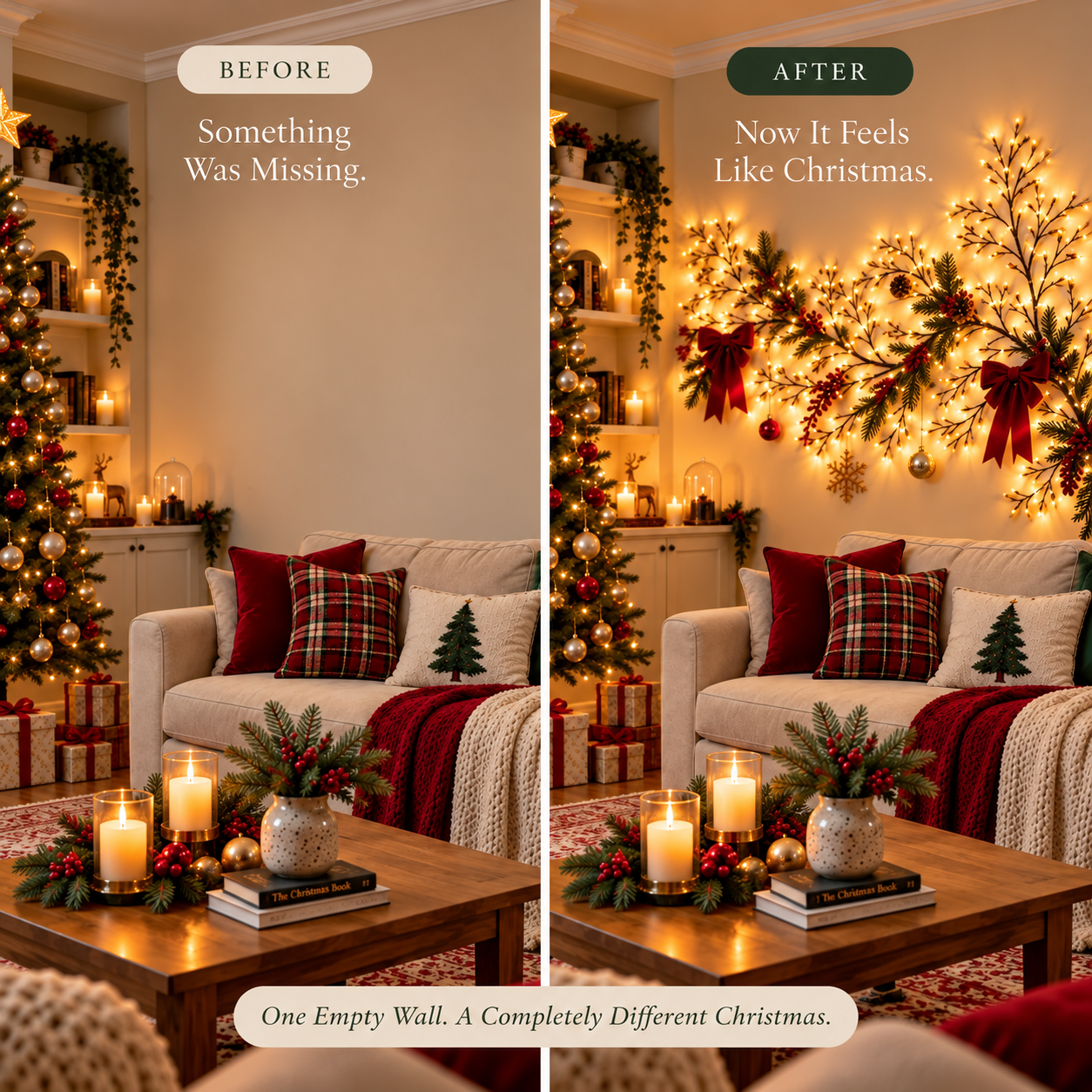 Before and after view of a living room wall decorated with glowing willow vine lights